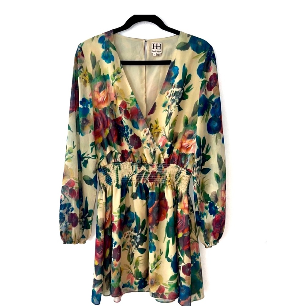 Haute Hippie Green Floral Smocked V Neck Mini Dress
